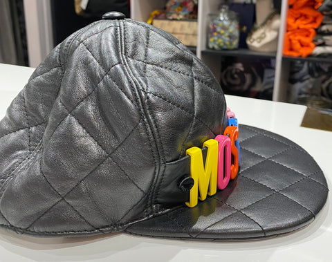 Moschino Black Quilted Leather Multi-Colored Logo Cap