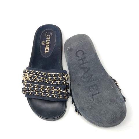 Chanel navy Tropiconic slides with gold chain and cc – The Hangout