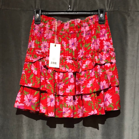 Love Shack Fancy Red and pink Floral Teired Mini Skirt