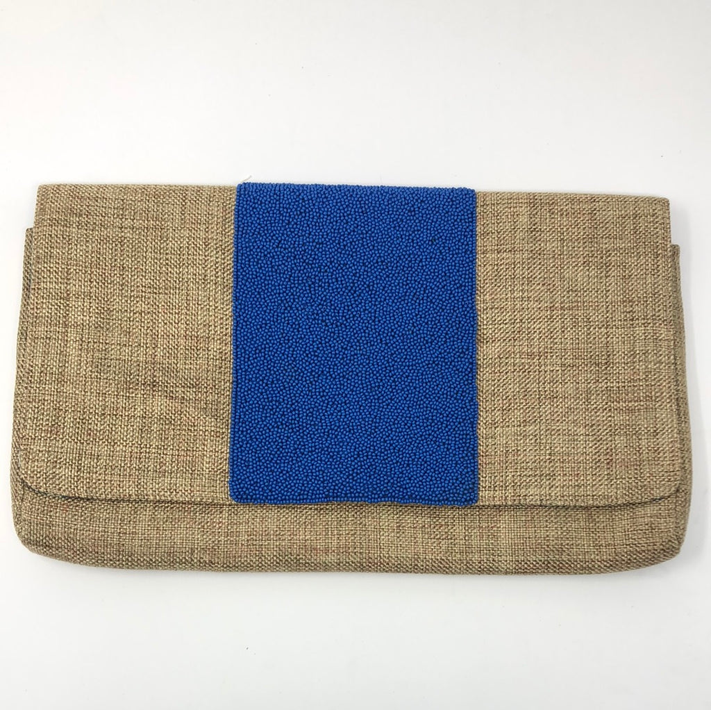 Roberta Roller Rabbit Burlap and Blue Beaded Clutch