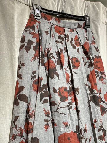 Erdem 'Sadie' Grey Pleated midi skirt with Maroon Roses