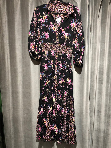 Love Stitch Collared Black Floral Long Sleeve Maxi Dress