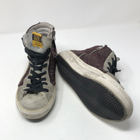 Golden Goose Maroon Glitter HIgh Top Side Zip sneaker