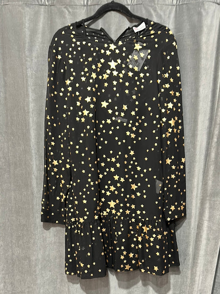 Red Valentino Black Shift Dress with Ruffle Bottom with Gold Stars