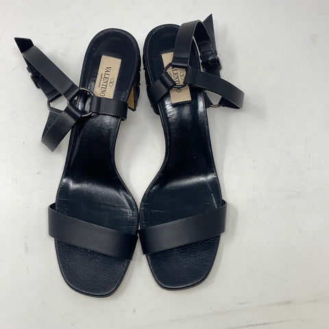 Valentino Black Leather Quilted Chunky Heel Sandal