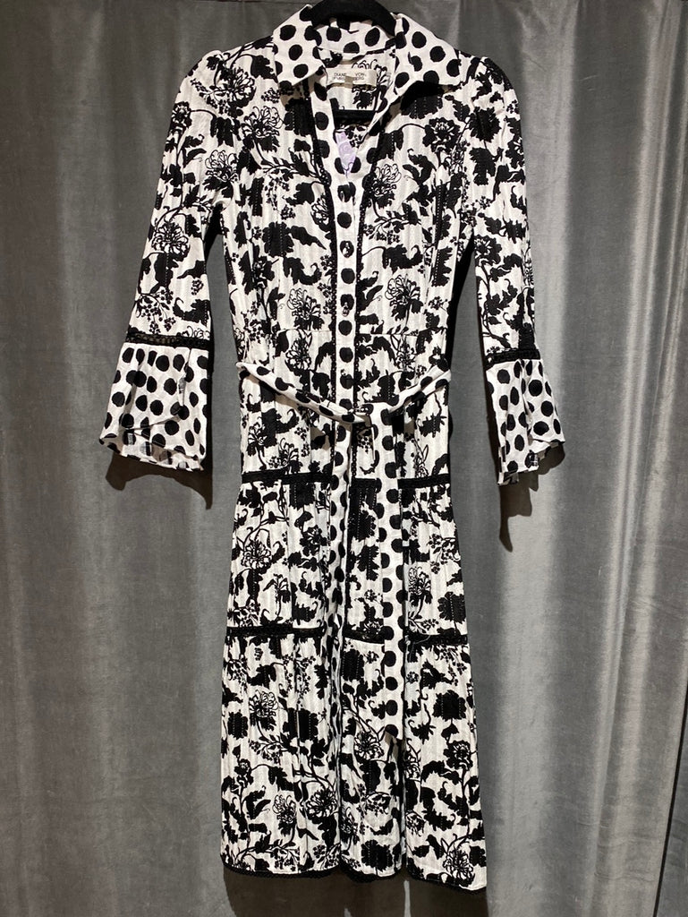 Diane Von Furstenberg Black and White Button Down Printed Midi Dress