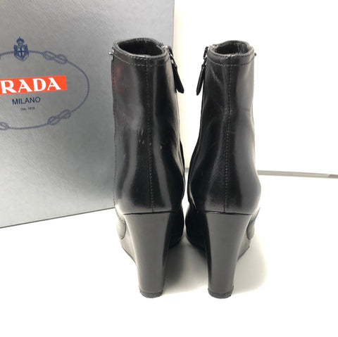 PRADA Black Leather Side Zip Wedges
