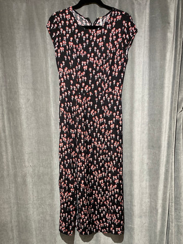 Free People Cap Sleeve Black and Red Floral Maxi Dress with Side Slit