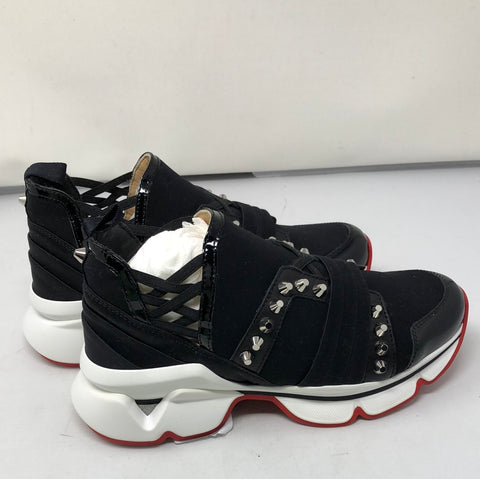 Christian Louboutin Black Scuba with Silver Stud and Red Bottom Slip On Sneaker
