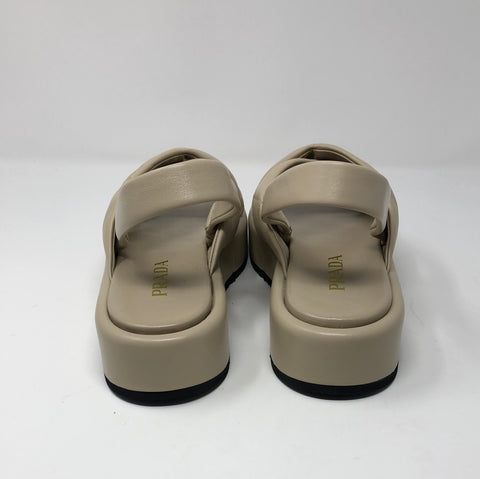 Prada Beige Leather Platform CrissCross Slingback Sandals