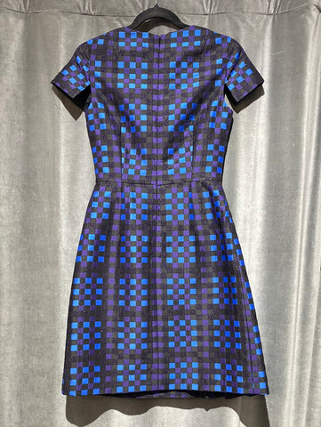 Shoshanna Short Sleeve Dress with Blue and Purple Square Design
