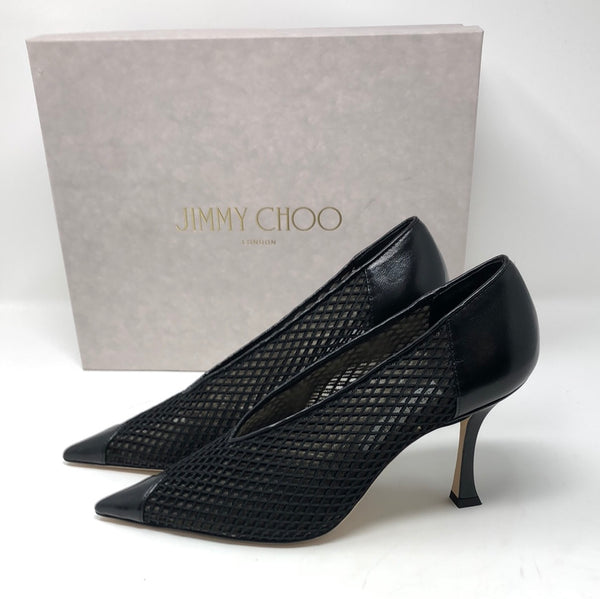 Jimmy Choo Black Leather and Elastic Mesh and Leather Nicole Pumps
