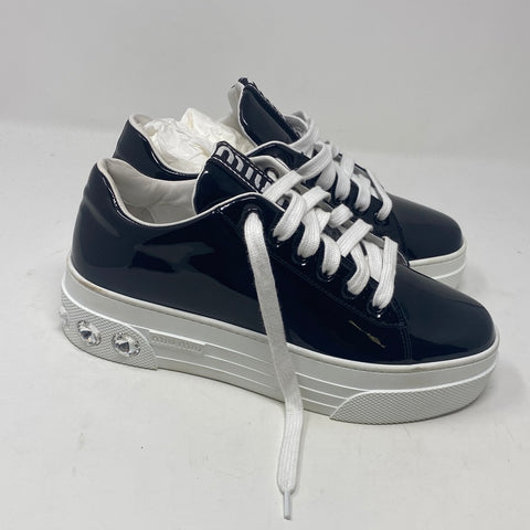 Miu Miu Black Patent Leather Sneaker with Circle Gems with Rubber Platform