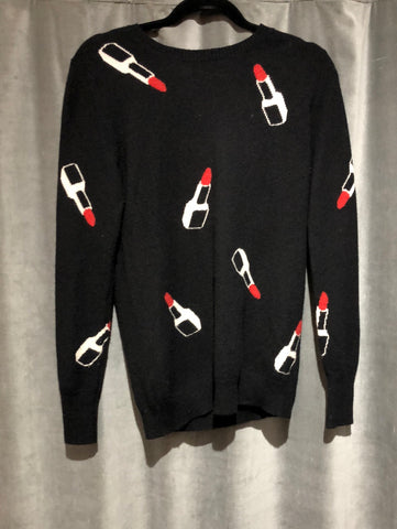 Aqua Cashmere Black Crew Neck Sweater with Lipstick