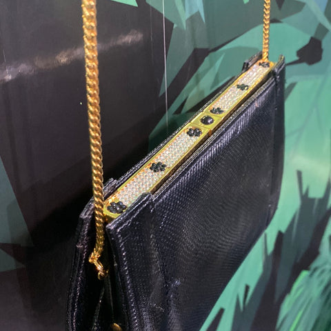 Vintage: Ashneil Black :eather Purse with Gold Removable Strap