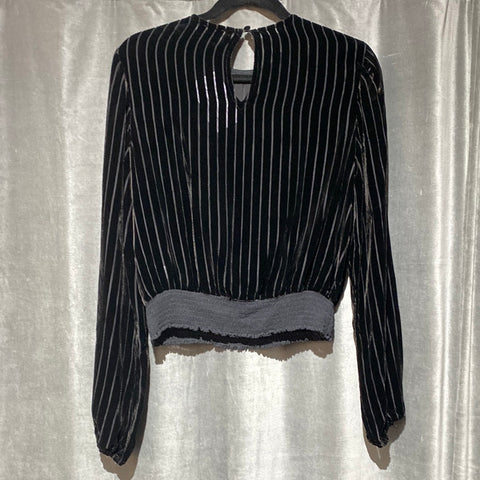 Cami NYC Black Long Sleeve Elastic Bottom Velvet Striped Blouse
