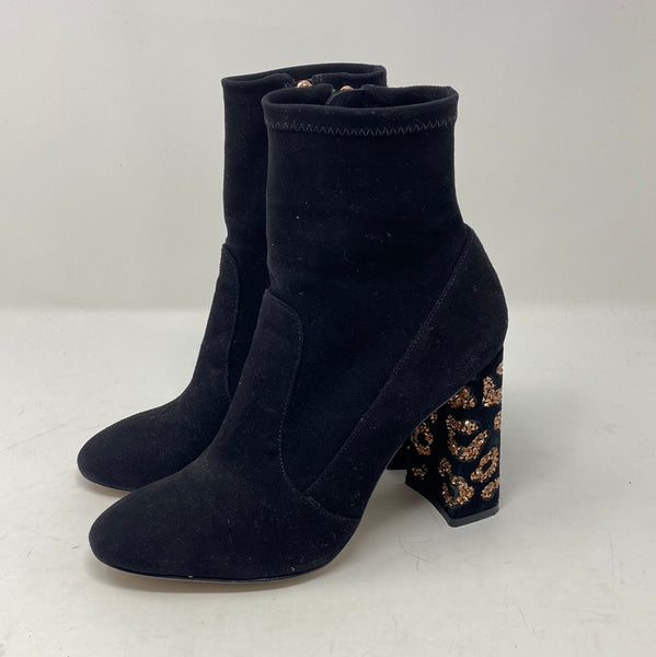 Sophia Webster Black Suede Side Zip Chunky Heel Bootie with Bronze Crystal Leopard Spots