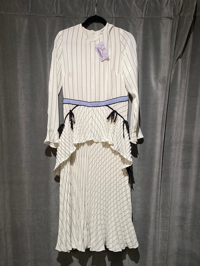 Self-Portrait White and Black Long Sleeve Maxi Dress with Light Blue Sash