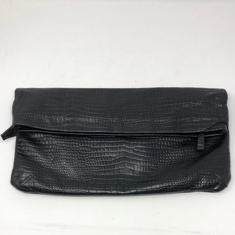 Vintage: Pietro Alessandro Black Oversized Croc Leather Foldover Envelope Clutch