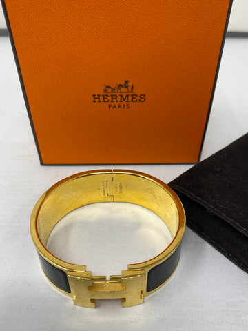 Hermes Clic Clack Black Bangle with Gold Hardware