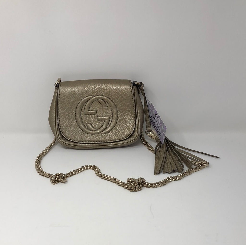 Gucci Gold Pebbled Calfskin Small Soho Flap Chain Crossbody Bag