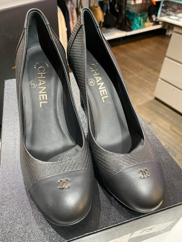 Chanel Black Leather and Lambskin Pump with Silver CC