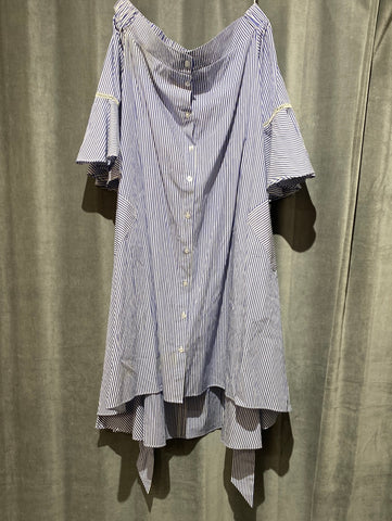 GRACIA Blue and White Striped Off the Shoulder Short Bell Sleeve Dress