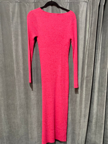 GANNI Pink and Red Ribbed Square Neck Stretch Knit Long Sleeve Maxi Dress