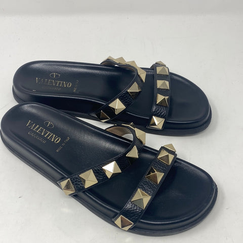 VALENTINO Black Leather Rockstud Two Strap Slide with Stud