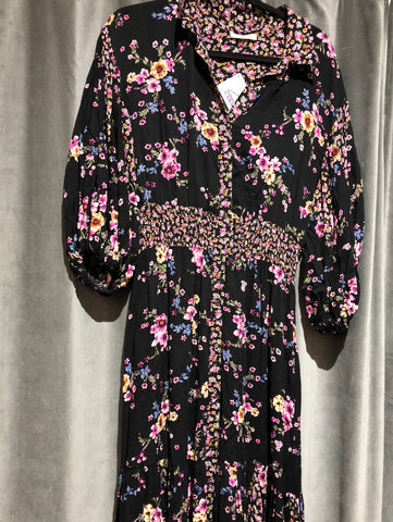 Love Stitch Collared Black Floral Long Sleeve Maxi Dress