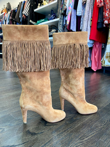 Christian Louboutin Suede Fringe Mid Calf Boot