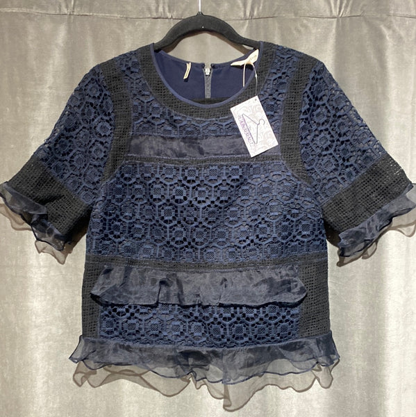Rebecca Taylor Navy and Black Short Sleeve Lace Multi Fabric Top