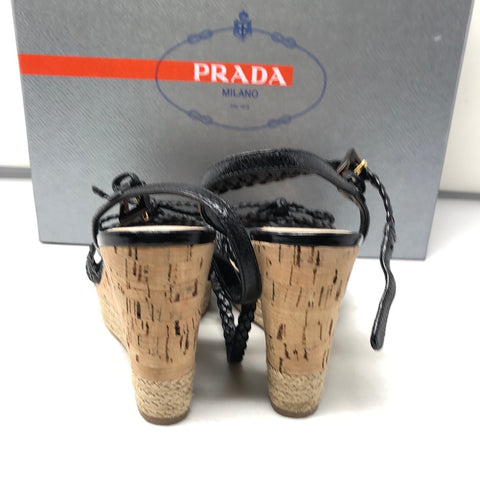 PRADA Black Braided Leather Sandal with Cork and Espadrille Wedge