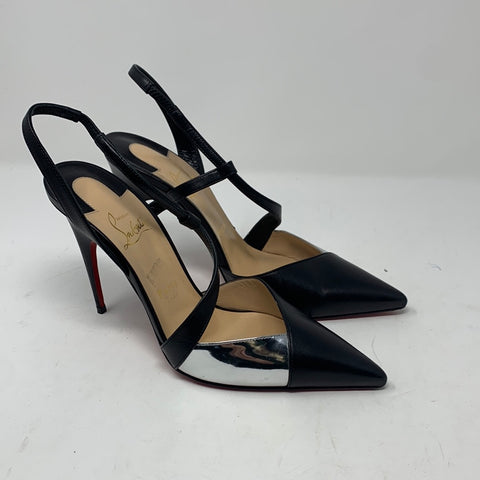 Christian Louboutin Black Leather Pointed Toe Slingback with Silver Metallic Leather