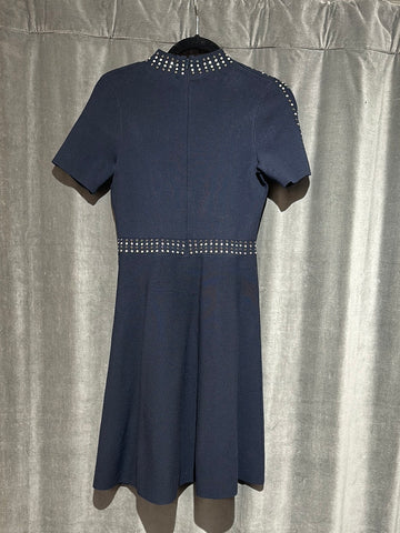 Sandro Navy Short Sleeve Mock Neck Studded Stretch Knit A line Dress