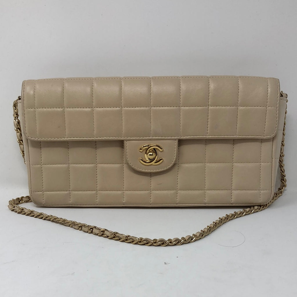 Chanel East West Beig Chocolate Bar Lambskin Clutch and Shoulder Bag