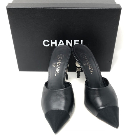 Chanel Black Leather Mules with Snake and Pearl Heel
