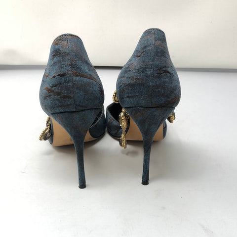 Manolo Blahnik Slate Blue and Bronze Fabric Pump with Foot Necklace
