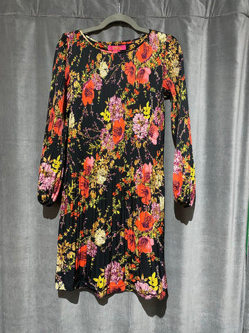 Catherine Long SLeeve Floral Print Vertical Pleated Mini Dress
