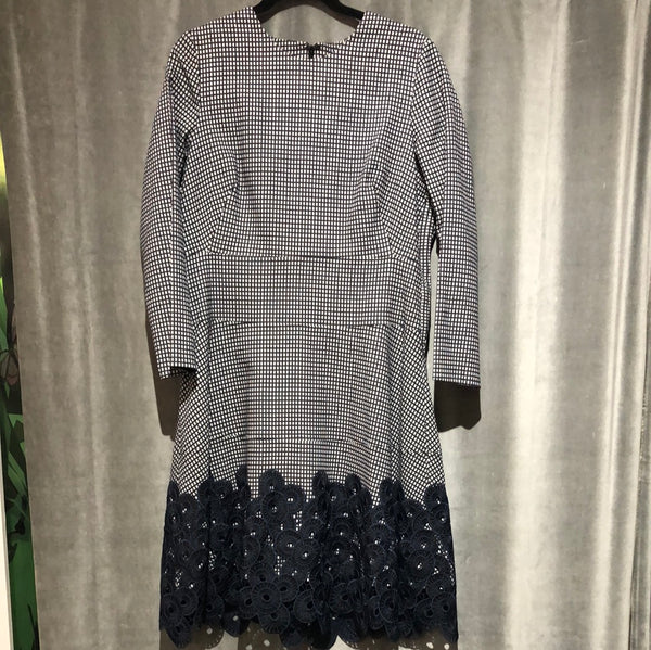 Lela Rose Black and White patterned Long sleeve Fit and Flare Dress with knit bottom