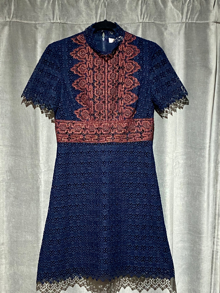 Sandro Danny Contrasting Lace dress Navy and Burgundy The Hangout Sandro Danny Contrasting Lace dress Navy and Burgundy The Hangout