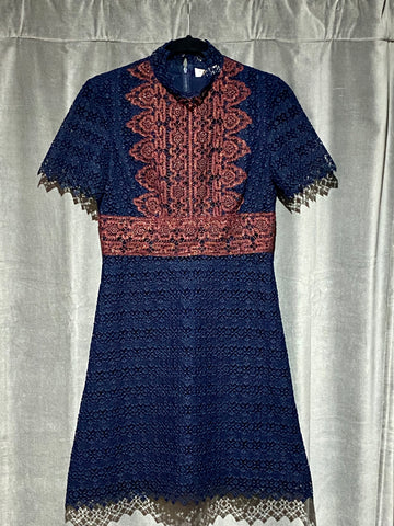 Sandro Danny Contrasting Lace dress Navy and Burgundy