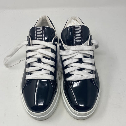 Miu Miu Black Patent Leather Sneaker with Circle Gems with Rubber Platform