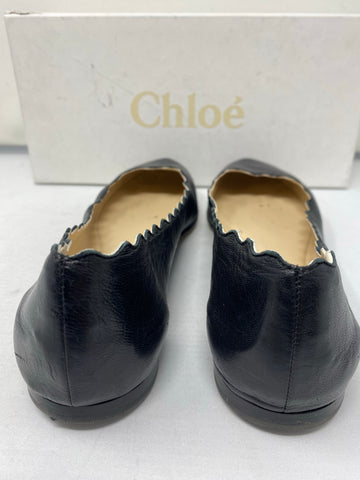 Chloe Lauren Black Leather Scalloped Round Toe Flats