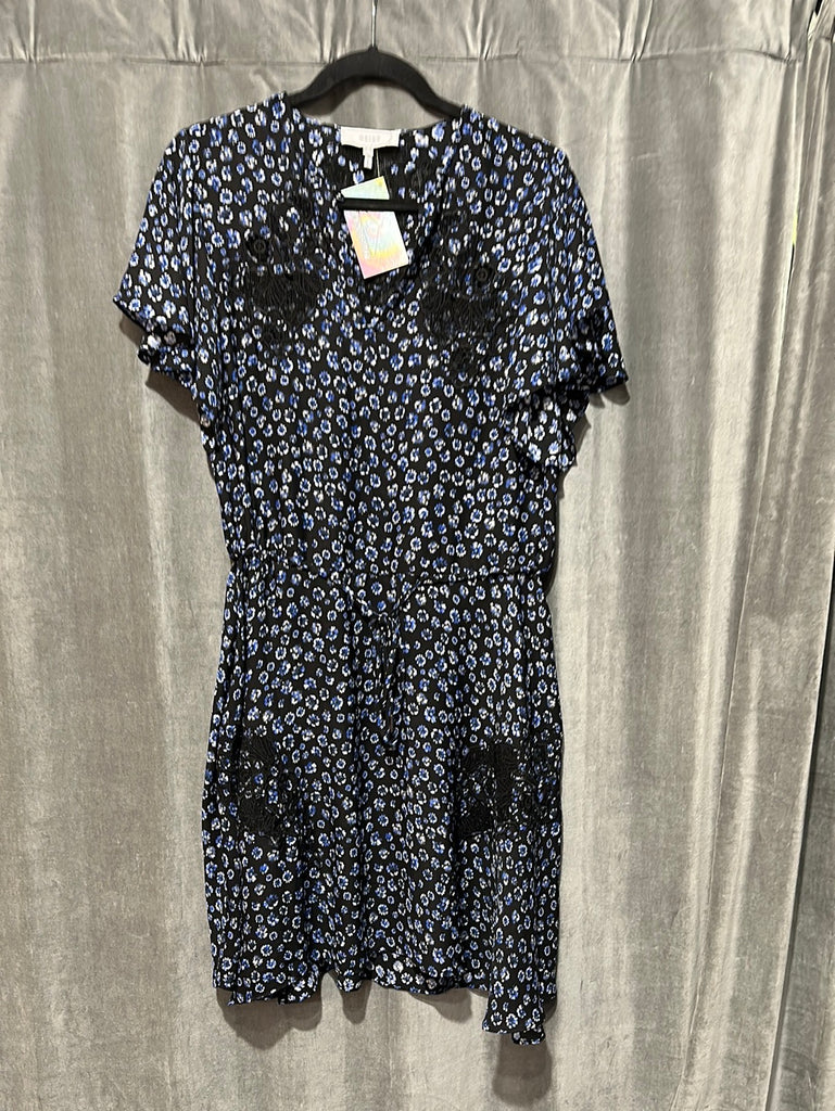 REISS Black and Blue Short Sleeve Floral Flowy Dress with Drawstring
