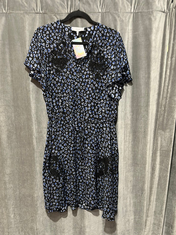 REISS Black and Blue Short Sleeve Floral Flowy Dress with Drawstring