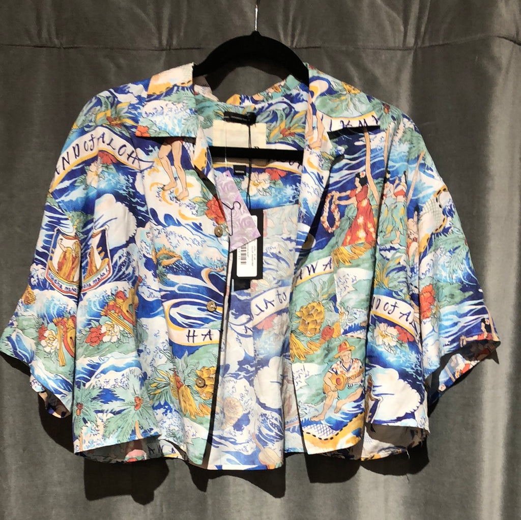 R13 Cropped Hawaiin Print Button Down Collared Top