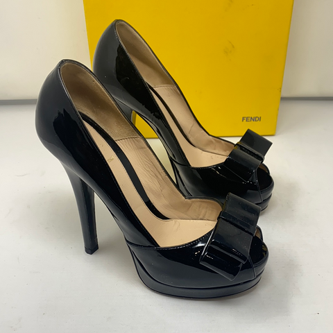Fendi Black Patent Leather Peep Toe Platform Heels