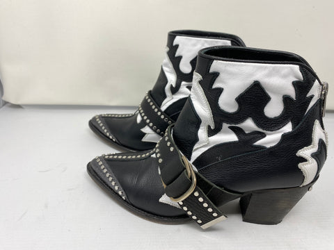 Zadig & Voltaire Black and White Leather Studded BackZip Cowboy Boot