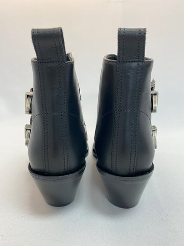 R13 Black Leather Zip Bootie with Buckles
